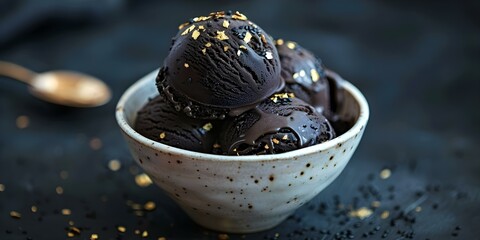 Dramatic photo of black sesame ice cream with gold flakes under spotlight. Concept Food Photography, Dessert, Black Sesame Ice Cream, Gold Flakes, Dramatic Lighting