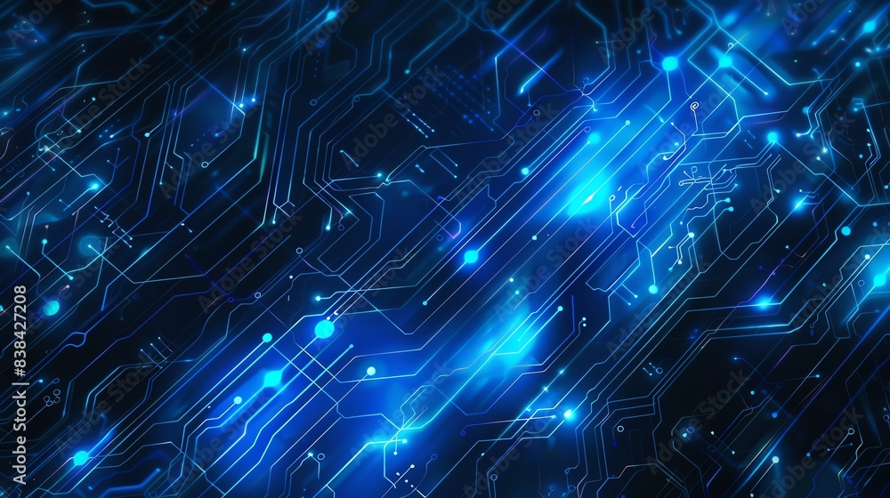 Poster abstract digital technology background with blue glowing elements and circuit board pattern, represe