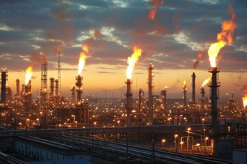 Blazing flare stack at industrial facility, a factory with a lot of smoke coming out of it, Oil refinery with gas flares burning at dusk