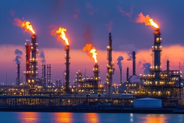 Fototapeta premium Blazing flare stack at industrial facility, a factory with a lot of smoke coming out of it, Oil refinery with gas flares burning at dusk