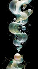 Abstract composition featuring a vertical display of iridescent baubles, ribbons and dots, on a black background