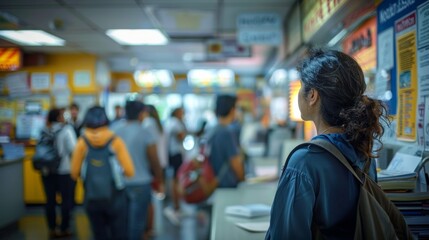 Busy Immigration Service Office with People Queueing for Work Permits Featuring Diverse Adults Engaged in Process, Indoor Setting