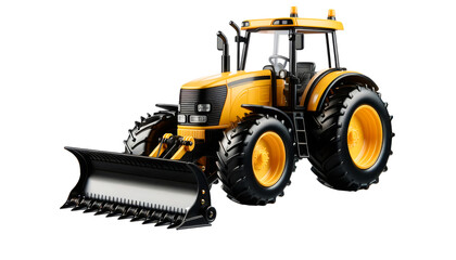 Obraz premium Realistic illustration of a yellow tractor with a front loader on a farm. Perfect for agricultural marketing, farming machinery promotions, and rural project advertisements. Premium illustration