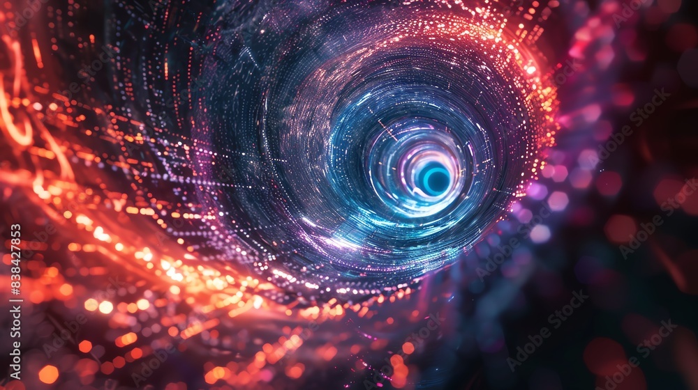 Poster abstract futuristic tunnel with vibrant red and blue lights, representing digital data flow in a cyb