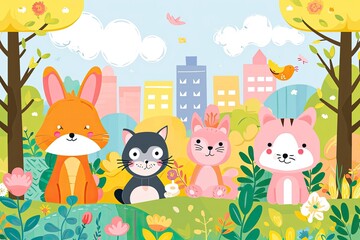 Naklejka premium Colorful cartoon jungle animals, a group of animals in a jungle with a banner, Playful vector backdrop featuring adorable animals in a cheerful setting