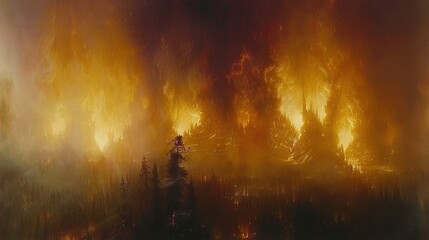   A vibrant painting depicts a forest ablaze with yellow and orange flames emanating from the tree tops