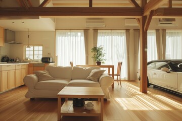 Fototapeta premium interior design in Japan, showing a simple and clean living room with a wooden floor, white sofa, coffee table made of wood, kitchen area, large windows
