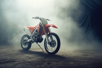 Speeding red dirt bike, dust-trailing rider, a person riding a dirt bike on a dirt road, Powerful dirt bike under dramatic studio lighting for an edgy effect