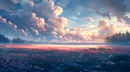 Breathtaking Sunset Over Vibrant Floral Meadow with Majestic Clouds