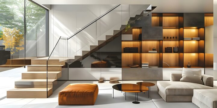 Elevated contemporary interior design featuring wooden stairs and bespoke storage cabinets. Concept Contemporary Interior Design, Wooden Stairs, Bespoke Storage Cabinets, Elevated Design, Home Decor