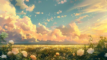 Obraz premium Breathtaking Sunset Over Vibrant Flower-Filled Meadow Landscape