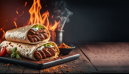 Freshly grilled kebab or shawarma beef wrap ready to serve as a banner with space for text