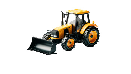 Fototapeta premium Realistic illustration of a yellow tractor with a front loader on a farm. Perfect for agricultural marketing, farming machinery promotions, and rural project advertisements. Premium illustration