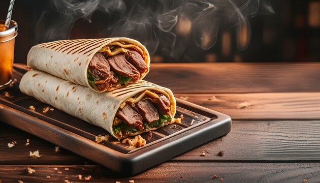 Freshly grilled kebab or shawarma beef wrap ready to serve as a banner with space for text