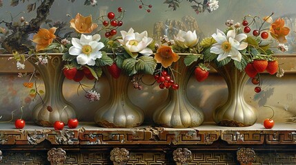 Fototapeta premium Painting of three vases, filled with flowers and strawberries, on a ledge with a cherry tree in the background