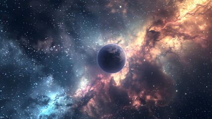 Obraz premium Captivating Cosmic Landscape with Glowing Planetary Orb in Dramatic Nebula