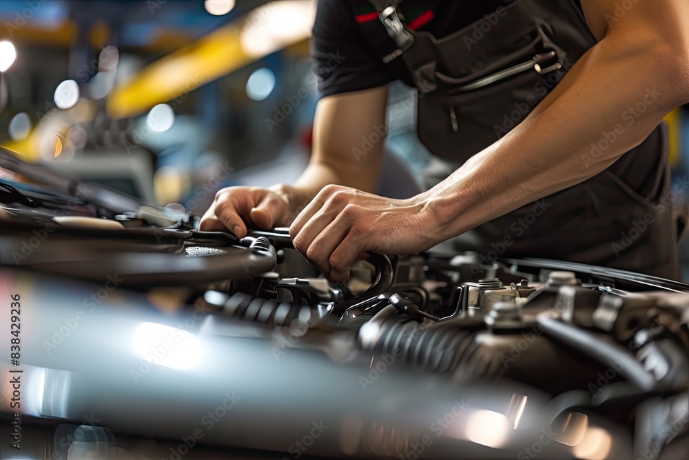 Poster focused mechanic at work, a man working on a car engine in a garage, skilled hands working on intric