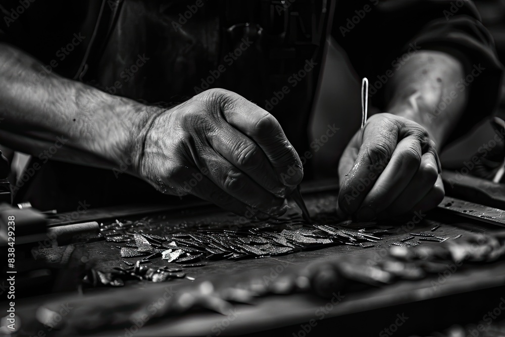 Poster focused mechanic at work, a man working on a car engine in a garage, skilled hands working on intric