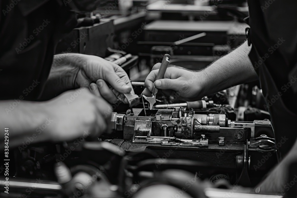 Aufkleber focused mechanic at work, a man working on a car engine in a garage, skilled hands working on intric