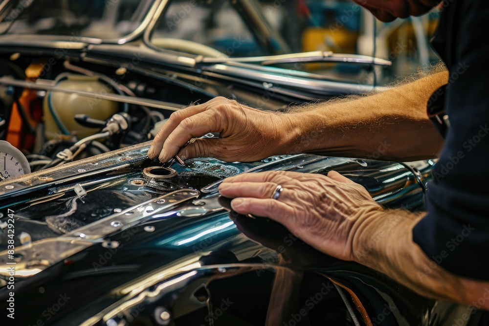 Poster focused mechanic at work, a man working on a car engine in a garage, skilled hands working on intric