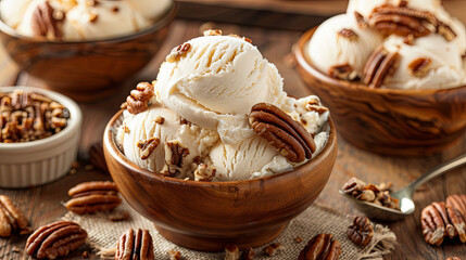 A slice of pecan pie topped with a scoop of vanilla ice cream on a white plate, surrounded by a rustic wooden table and fall leaves.