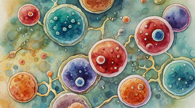 Watercolor painting: A microscopic view of microbial genetic exchange, with two bacteria sharing a plasmid containing antibiotic resistance genes,