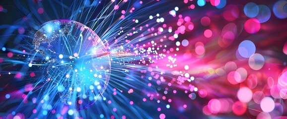 Obraz premium Abstract digital background with fiber optic cables and global network connections, representing fast internet connection technology 
