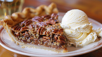 The image shows a delectable pecan pie with a scoop of vanilla ice cream on top, ready to be devoured for Thanksgiving dinner. 

List of 20