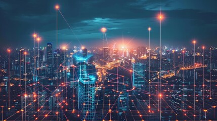 Obraz premium A city with many lines and dots in the sky, AI