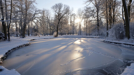 A person is ice skating on a frozen pond in the winter, surrounded by snowy trees and a cloudy sky.
