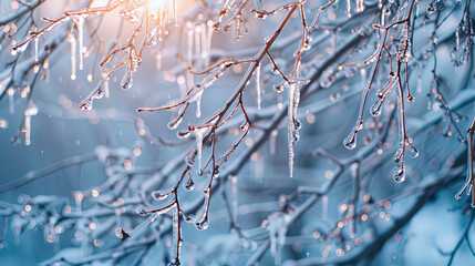 A winter scene with icicles hanging from tree branches is captured in this image, creating a chilly and serene atmosphere.