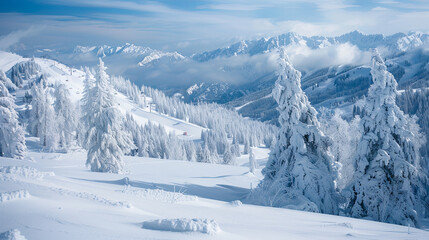 Fototapeta premium In the image, a skier navigates the fresh powder on the winter slopes, captured in a scenic snapshot.