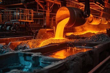 Molten, glowing, flowing metal, a person pouring liquid into a metal pan, Steel mill with molten metal pouring into molds - Powered by Adobe