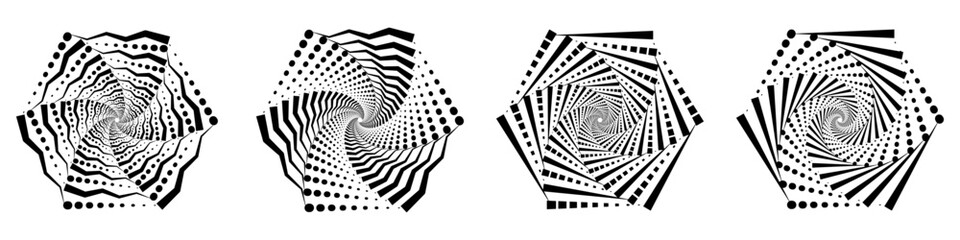Abstract geometric design in the form of swirl dots with dotted spiral lines. Hexagonal radial rotating halftone shape. Vector illustration.