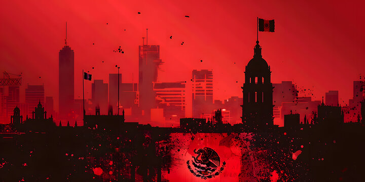 Imagen fondo rojo de M&eacute;xico con silueta de edificios y bandera con textura ca&oacute;tica 