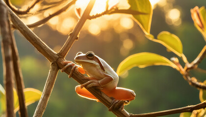 Golden rays of light encircle a tree frog on a thin branch