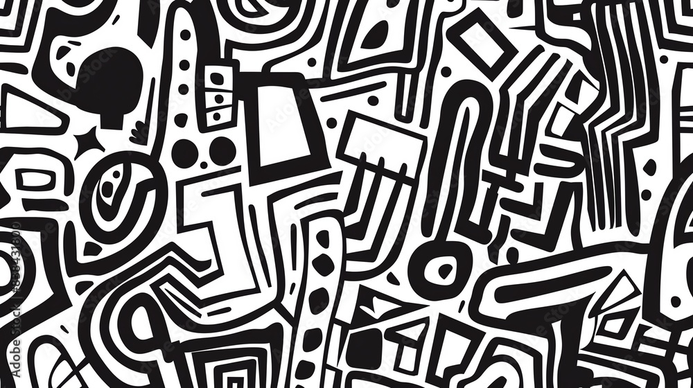 Poster abstract black and white geometric pattern with various shapes, lines, and forms creating a modern, 