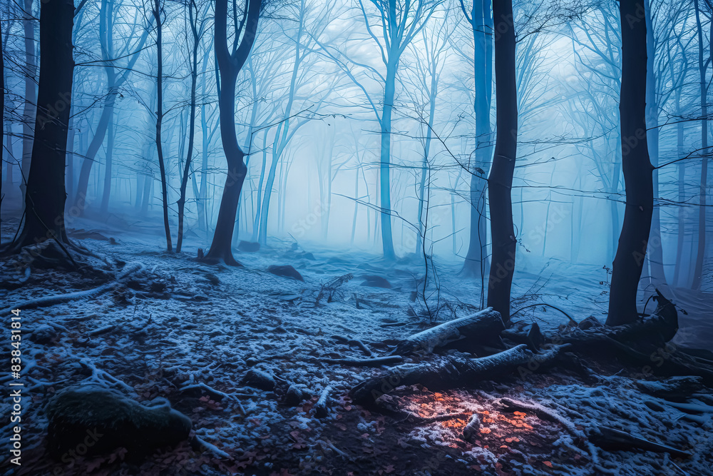 Poster a forest with foggy trees and a path.