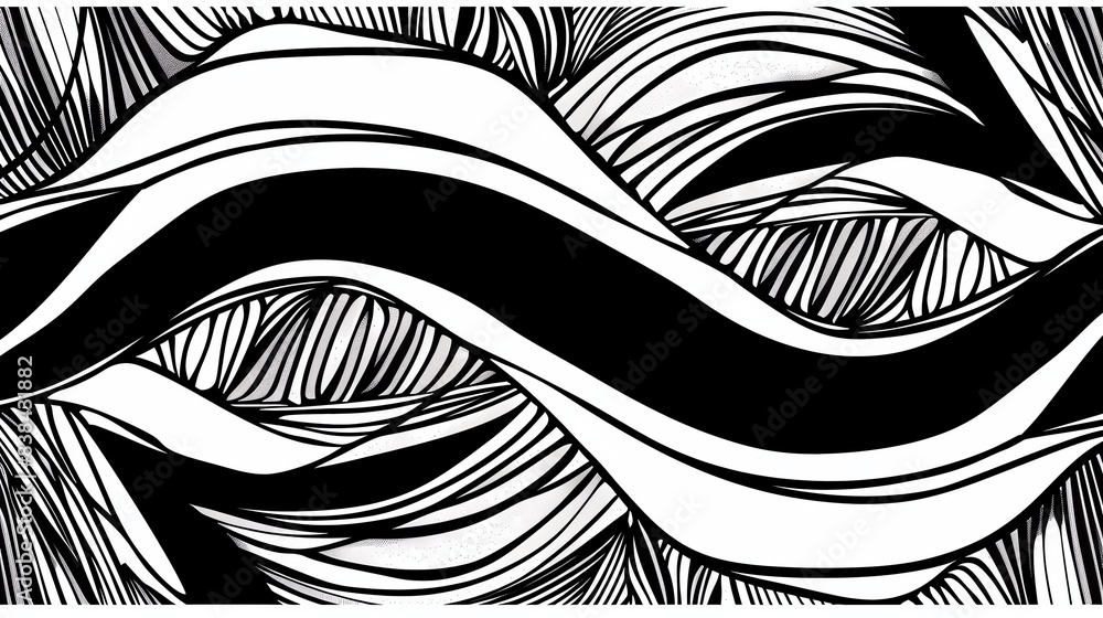 Poster abstract black and white wavy lines in a flowing, intricate pattern creating a dynamic and bold mode
