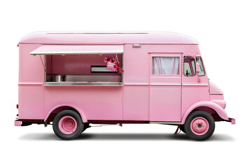 Pink food truck side view isolated on white background