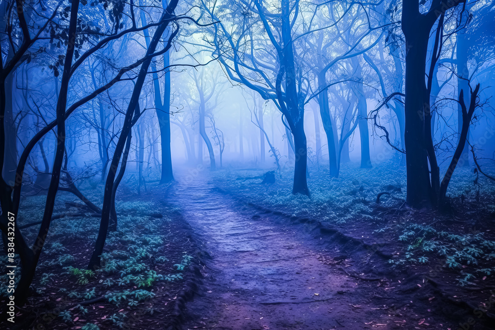 Poster a forest with foggy trees and a path.