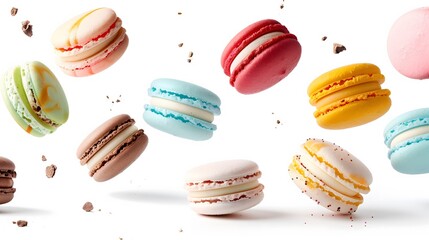 Colorful Macarons Falling Against a White Background. Generative AI