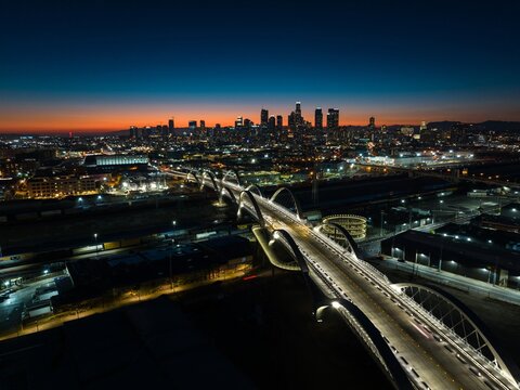 4k ultra hd image of Aerial View of New Sixth Street Viaduct Connecting Downtown Los Angeles Arts District to Boyle Heights Across Los Angeles River