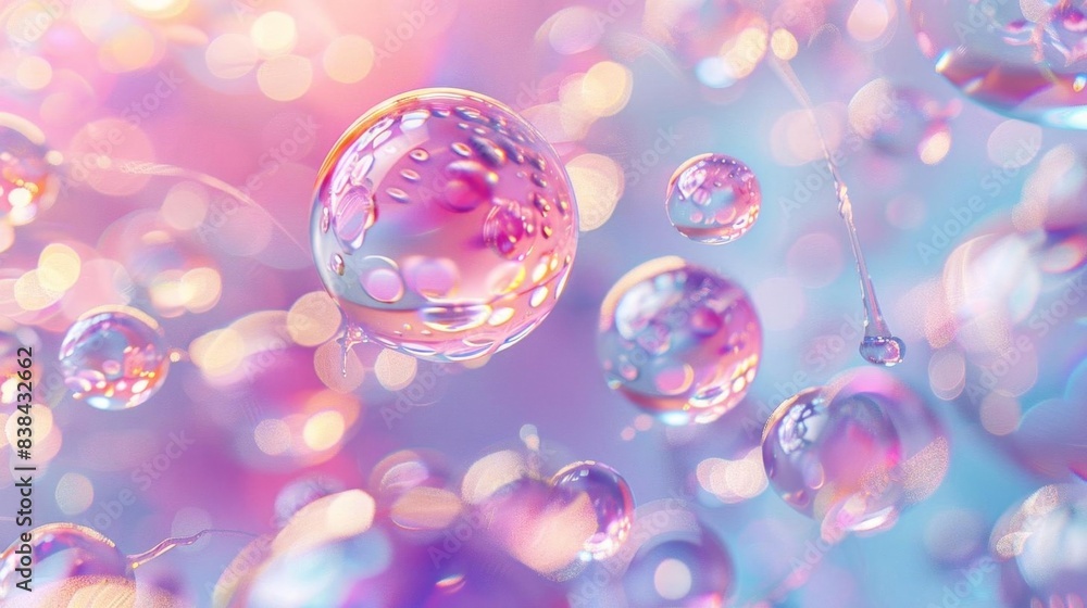Poster abstract artistic image of translucent bubbles with colorful light reflections, creating a dreamy an