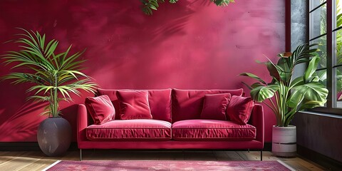 2023 Living Room Trend Bright Magenta Sofa with Crimson Accents and Microcement Wall. Concept Living Room Trends, Bright Magenta Sofa, Crimson Accents, Microcement Wall, Home Decor