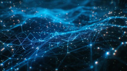 Abstract background with glowing blue network connections, digital illustration of data flow, futuristic technology concept.