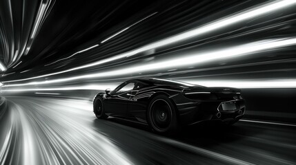 Obraz premium Speeding black sports car with light trails in tunnel modern travel and business aesthetic concept