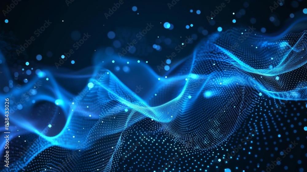 Poster Abstract digital wave and particles in blue color on dark background, representing technology, data visualization, and futuristic innovation.