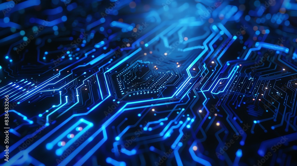 Poster close-up of a blue printed circuit board (pcb) with intricate patterns, showcasing modern electronic