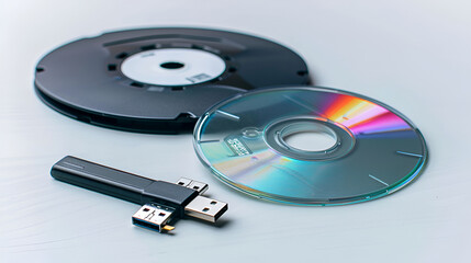 Horizontal close up shot of three CDs and a high capacity USB flash drive on white ,Data storage device ,USB Pen Drive on CDs and DVDs, the innovation
